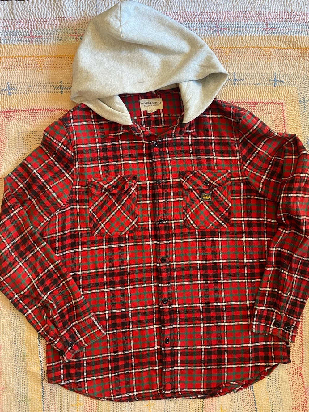 Denim & Supply Ralph Lauren Red Green Black Plaid Hooded Flannel Shirt XL